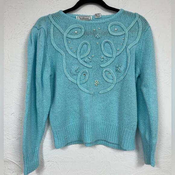 Vintage Teal Blue Appliqué Sweater Womens M Rhinestone 80s Fall Coquette - Picture 1 of 11